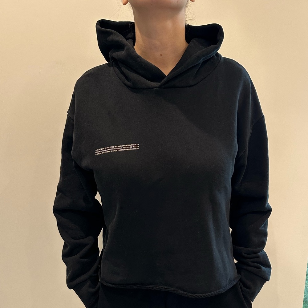 Pangaia cropped black hoodie long sleeve organic cotton women size S oversized
